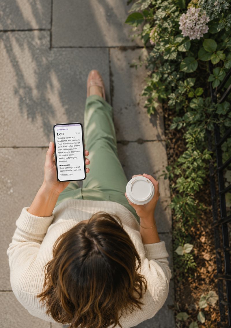 Terapeutka z kawą zerka na swój pre-read w Joy na telefonie